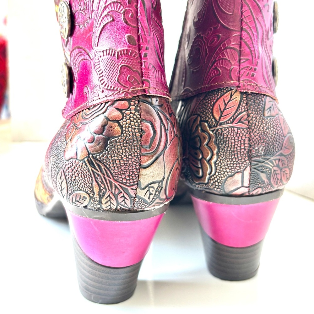 Gorgeous Handmade Multicolor Tooled Leather Floral Med Heel Ankle Boots 38 - Picture 6 of 14